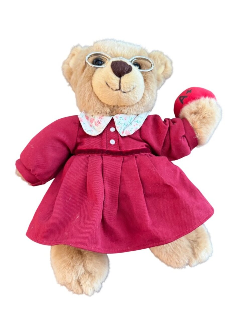 Vintage Professor Bear Plush Teacher Teddy A+ Apple Glasses Red Dress Stuffed An
